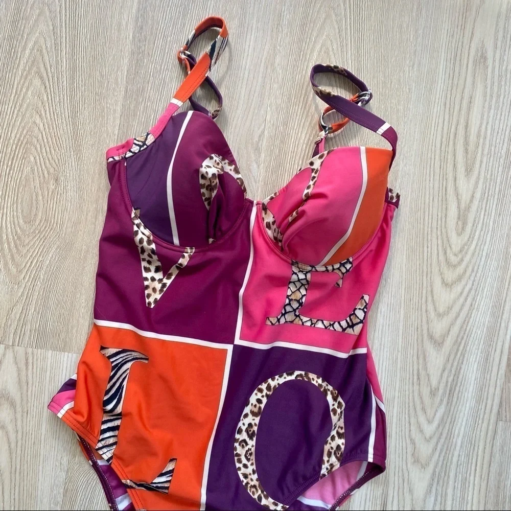 Rasurel Pink & Purple LOVE Animal Print Swimsuit | Color Block | Size 4 B Cup - Picture 2 of 4